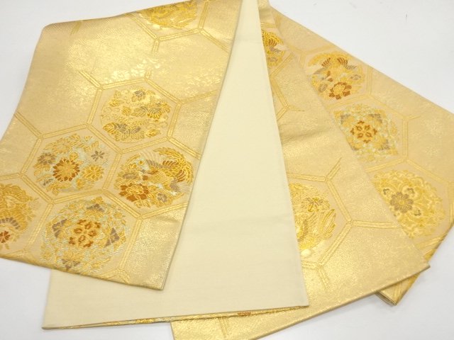  亀甲に鴛鴦・草花模様織り出し　袋帯